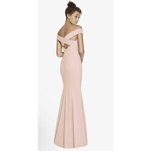 NWT! 3012 Dessy Off-the-Shoulder Criss Cross Back Trumpet Gown Cameo 12